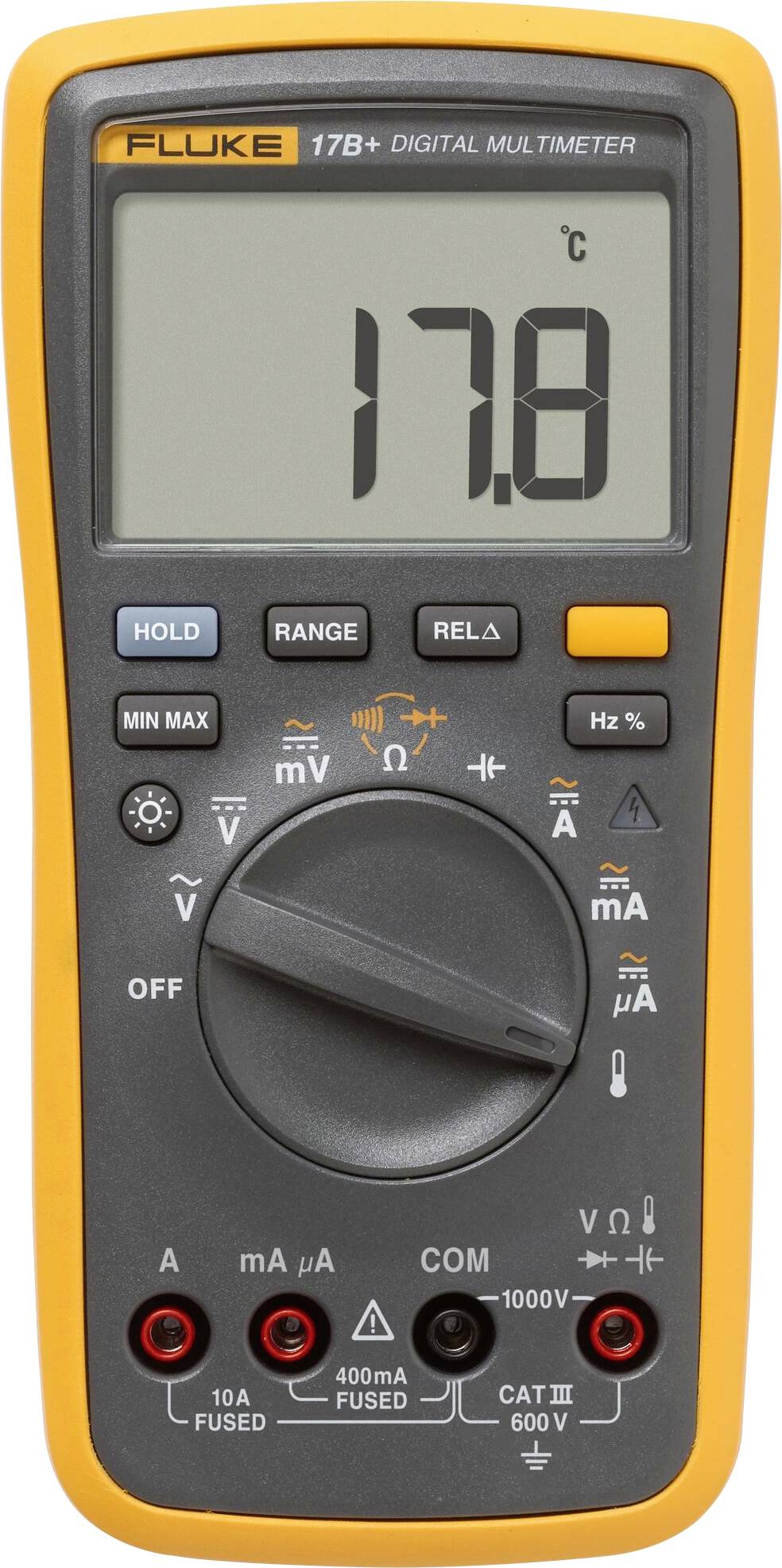Ein digitales Multimeter, das '17,8 °C' auf dem Display zeigt. Das Gerät verfügt über verschiedene Funktionstasten und Messsymbole für unterschiedliche Messungen.