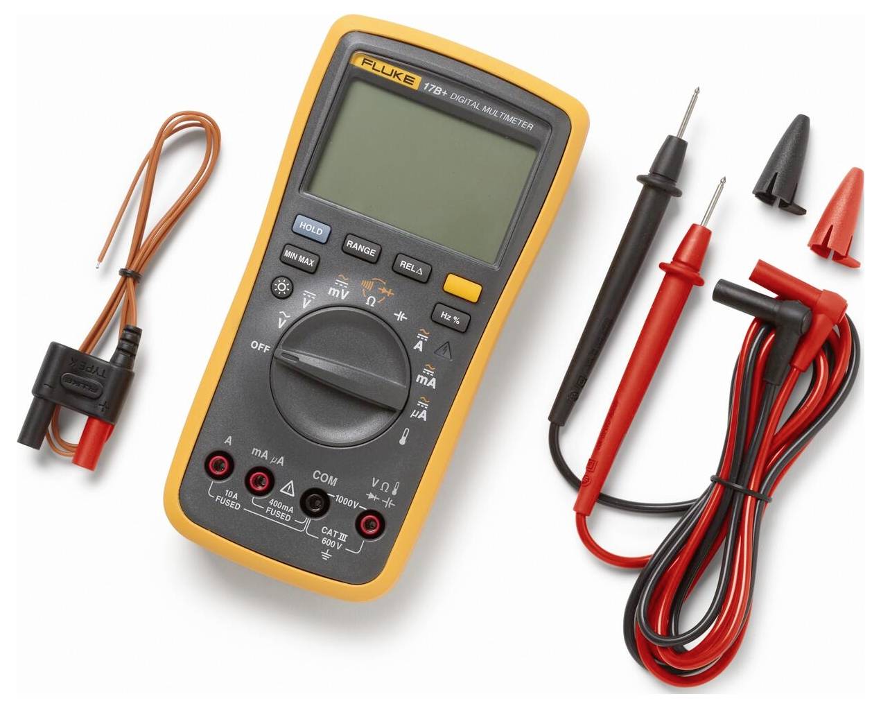 Digitales Multimeter mit Messspitzen und Kabeln, verwendet zum Messen elektrischer Werte wie Spannung, Stromstärke und Widerstand.