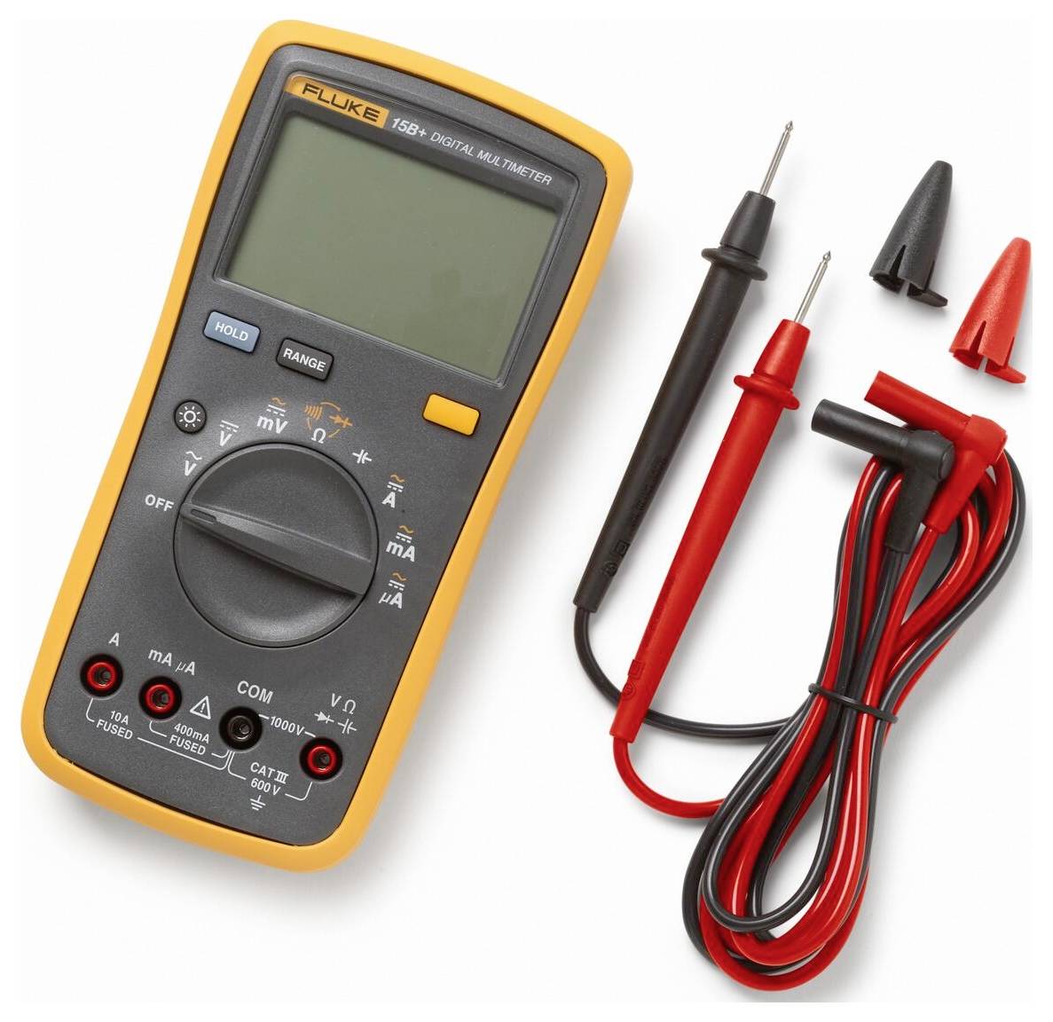 Ein digitales Multimeter mit orangefarbenem Rahmen, dargestellt mit roten und schwarzen Messleitungen und verschiedenen Adapterklemmen, verwendet für elektrische Messungen.