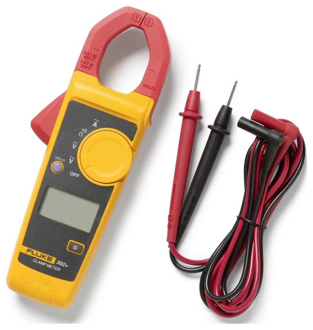 Digitales Zangenamperemeter und Messleitungen, verwendet zur Messung von elektrischem Strom und Spannung, mit einem gelben Gehäuse und roter Zange.