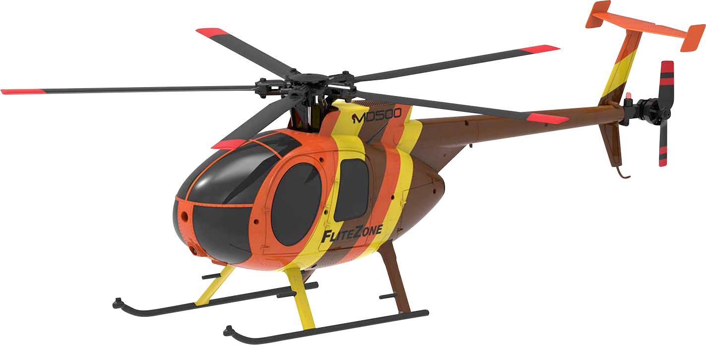 Ein Modellhubschrauber mit der Markenbezeichnung 'Flitezone', in Orange, Braun und Gelb lackiert, ausgestattet mit sechs Rotorblättern oben und einem Heckrotor mit zwei Blättern.
