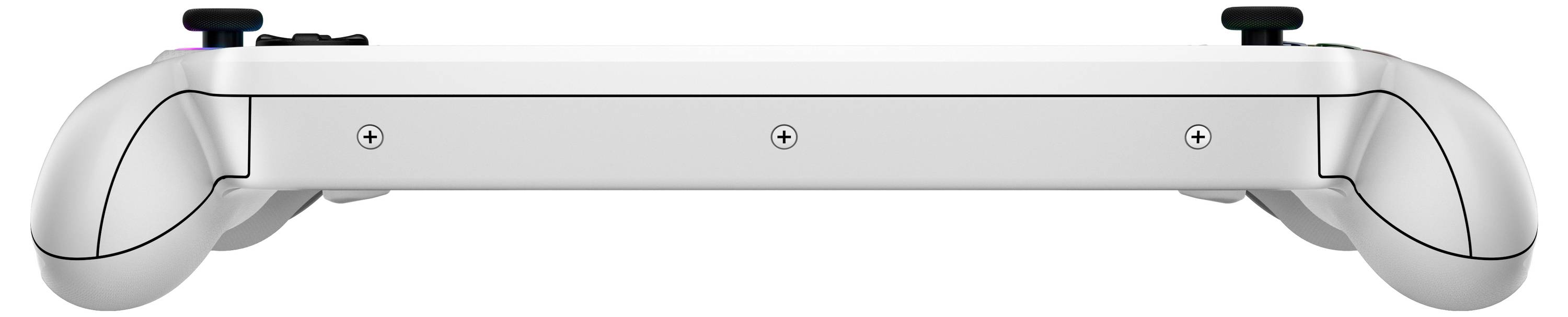 Das Bild zeigt die Draufsicht eines weißen Gaming-Konsolen-Controllers und hebt die Schnittstelle und Tastenanordnung auf seiner Oberfläche hervor.
