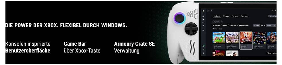 Gaming-Gerät-Controller mit Xbox-inspiriertem Design und Bildschirm, der eine Spieloberfläche anzeigt. Der Text hebt die flexible Windows-Integration hervor.