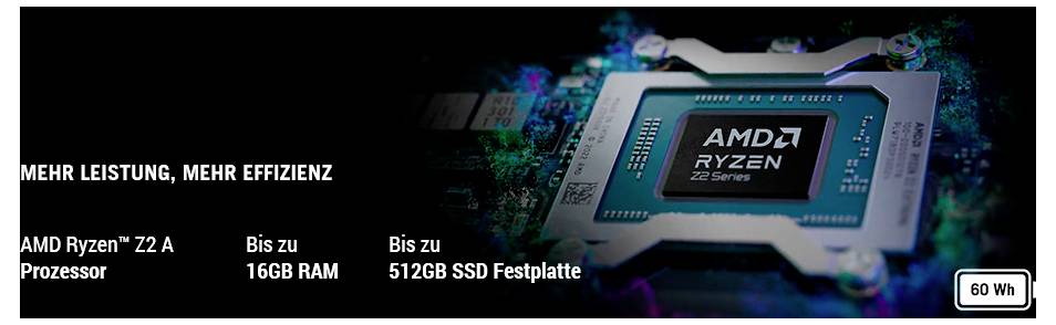 'AMD Ryzen 7 APU' Nahaufnahme, mit dem Text 'Mehr Leistung, mehr Effizienz'. Highlights: 'Bis zu 16 GB RAM', 'Bis zu 512 GB SSD', '60 Wh'.