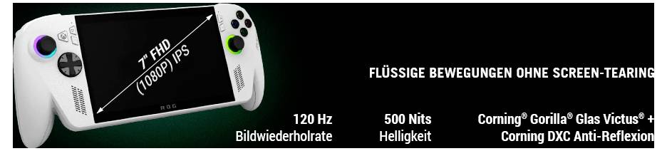 Ein tragbares Spielgerät verfügt über einen 7-Zoll-Bildschirm (1080p/FS) mit einer Bildwiederholrate von 120 Hz, einer Helligkeit von 500 Nits und robustem Bildschirmschutz.