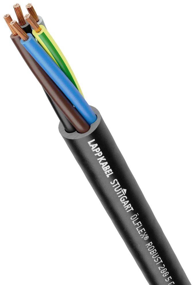 Ein schwarzes, vierkerniges Elektrokabel mit freigelegten Kupferdrähten, gekennzeichnet als 'Lappkabel Stuttgart Ölflex Robust 2105'.