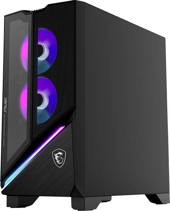 Ein schlanker schwarzer Gaming-PC-Tower mit zwei sichtbaren RGB-Lüftern und einem leuchtenden Frontpanel mit einem beleuchteten Logo.