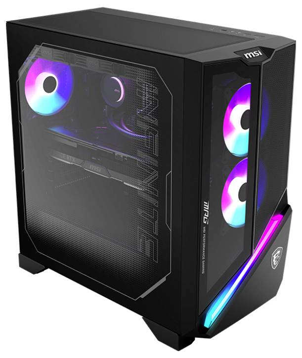 Ein schwarzer MSI Gaming-Computertower mit RGB-Beleuchtung im Inneren, mit dem Markennamen 