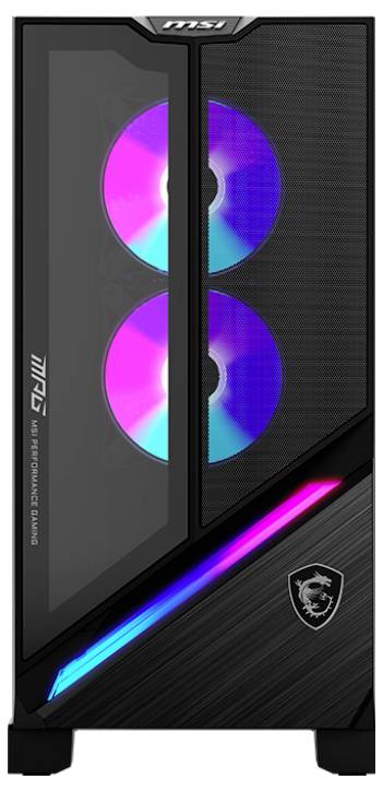 Ein schwarzes Computergehäuse mit zwei RGB-beleuchteten Kühlventilatoren, die durch ein Lochgitter sichtbar sind, mit 'MSI' Branding und einem stilisierten Logo.