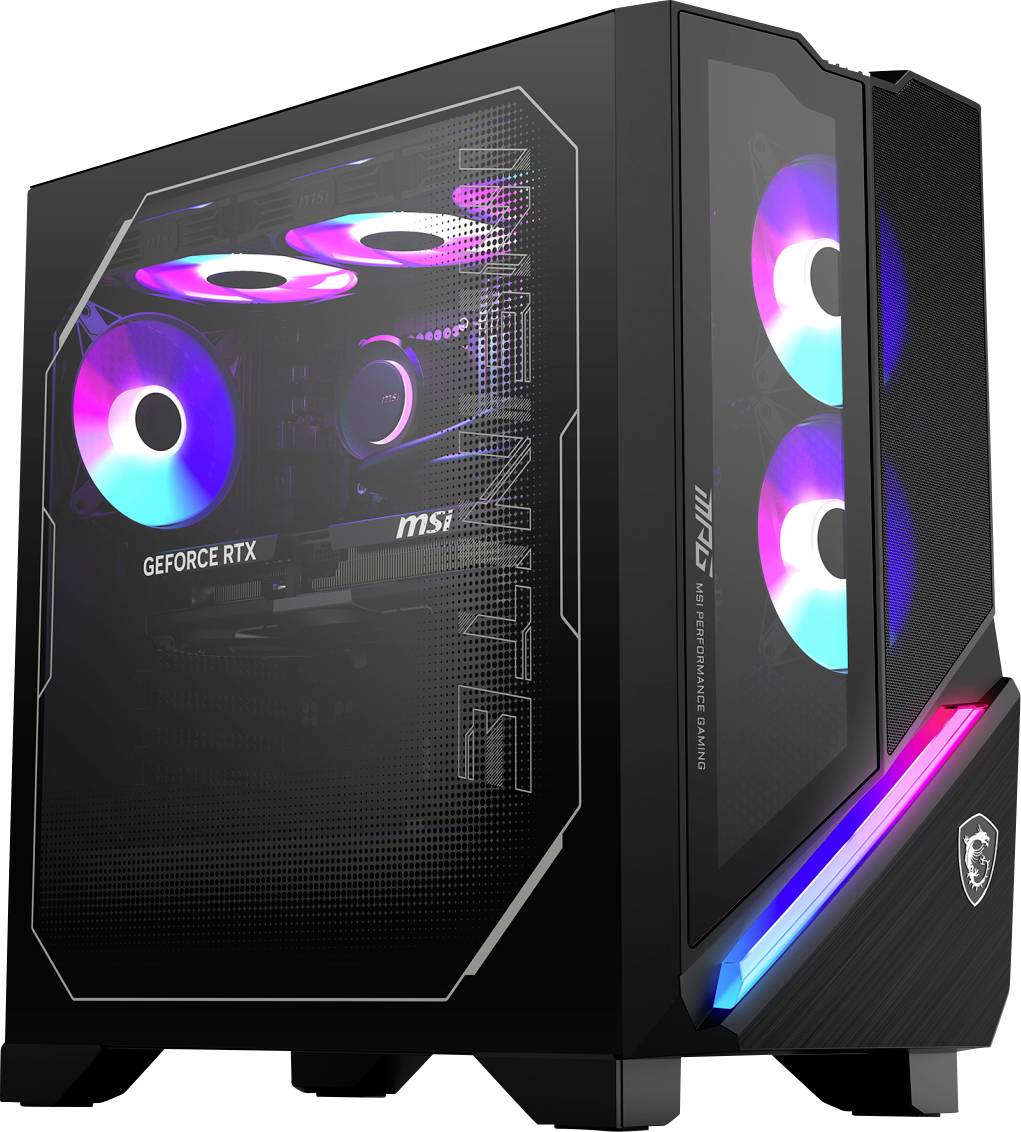 Ein Desktop-Gaming-PC mit RGB-Beleuchtung, ausgestattet mit einem transparenten Seitenpanel, das Innenkomponenten wie die 'GEFORCE RTX'- und 'MSI'-Markierung freilegt.