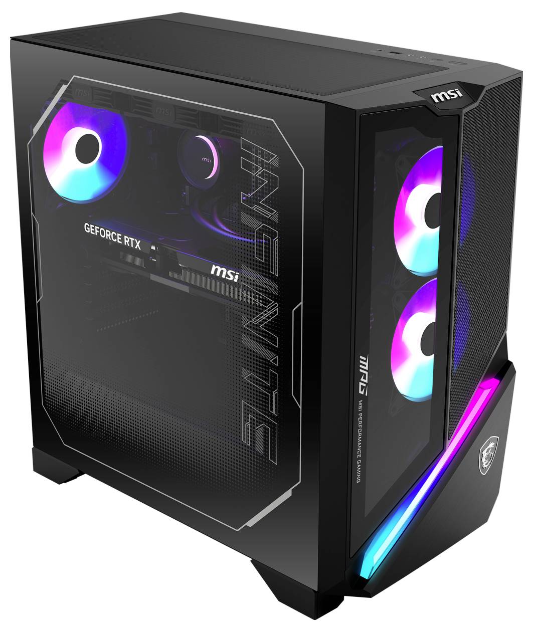 MSI-Gaming-Computer mit RGB-Beleuchtung, ausgestattet mit einer GeForce RTX-Grafikkarte. Schwarzes Gehäuse mit Seitenansicht, die Innenkomponenten zeigt.