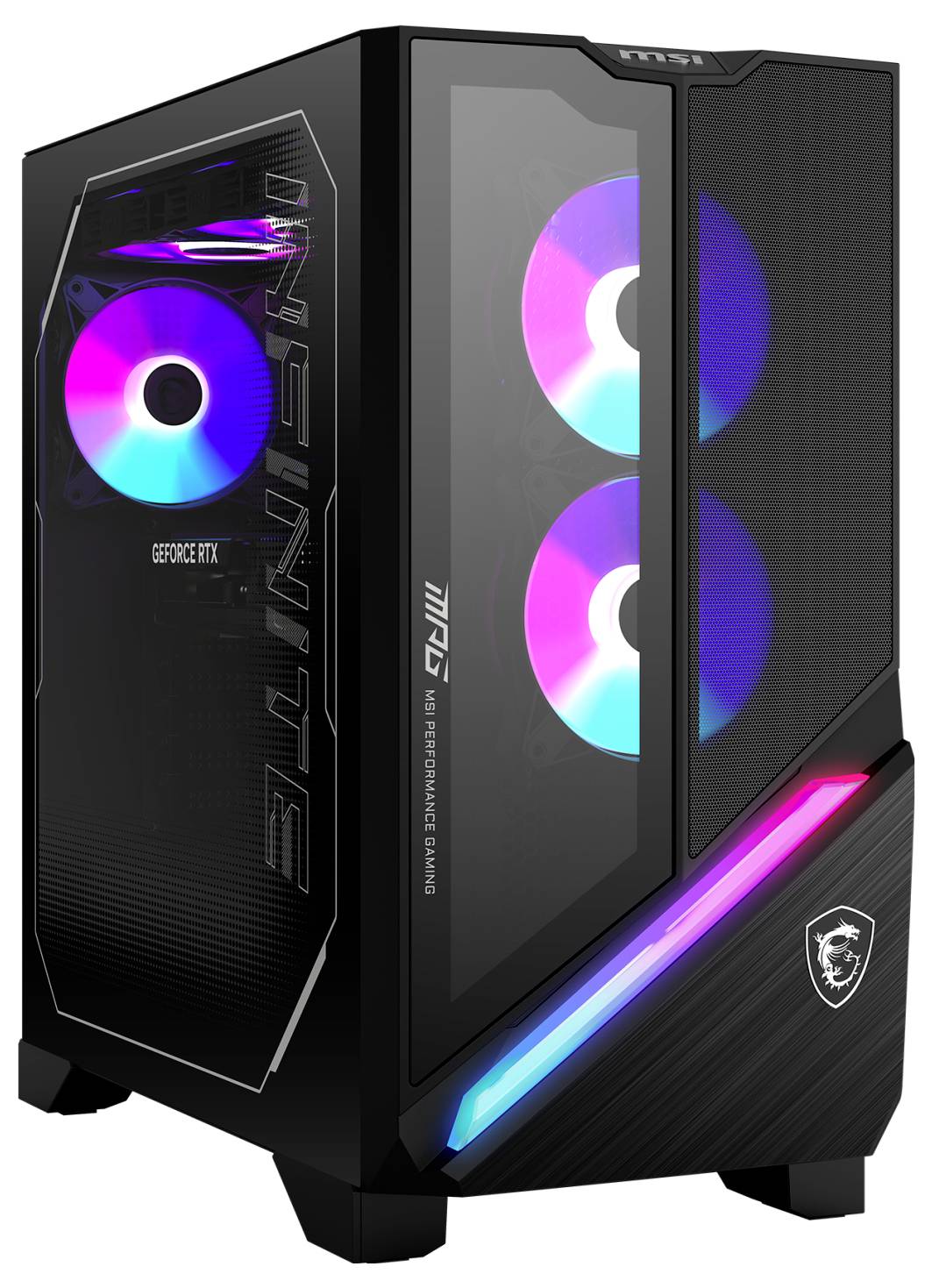 Ein Gaming-Desktop-Gehäuse mit einer Glasscheibe, die drei RGB-beleuchtete Kühlventilatoren präsentiert und eine auffällige Markenbeschriftung an der Seite zeigt.