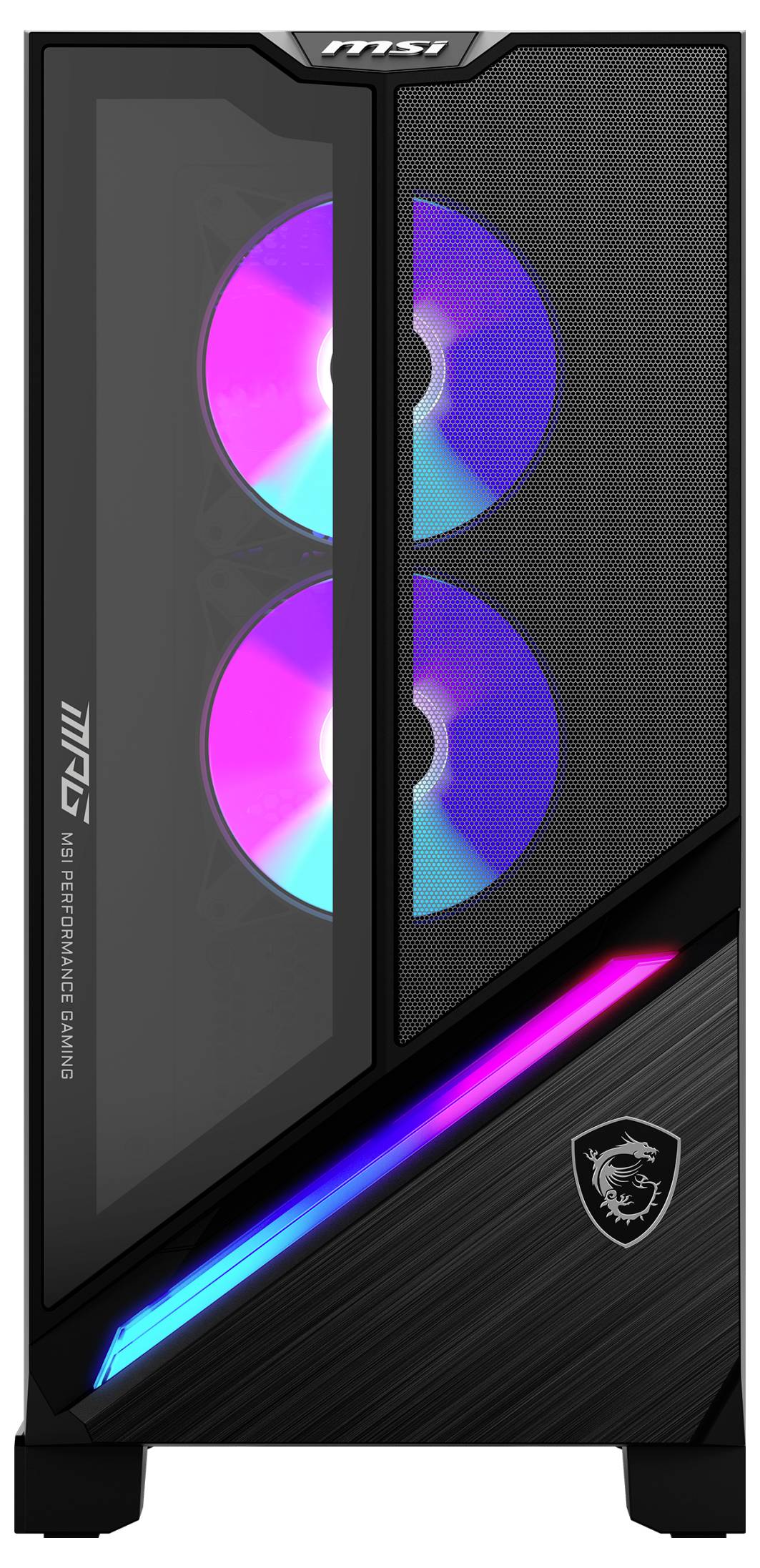 Ein schwarzes MSI-Computergehäuse verfügt über zwei RGB-beleuchtete Lüfter, die durch eine transparente Scheibe sichtbar sind. Ein diagonaler RGB-Lichtstreifen und das MSI-Logo befinden sich an der Frontseite.