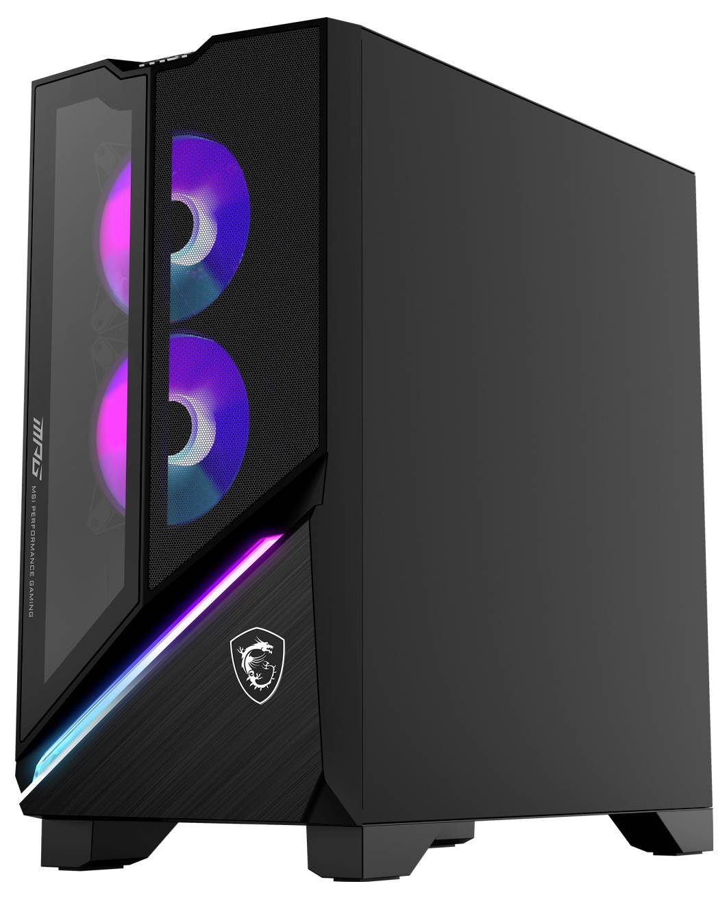Ein schwarzer Gaming-PC-Tower mit beleuchteten RGB-Lüftern und LED-Akzenten, ausgestattet mit einer Glasseite und dem MSI-Logo an der Front.