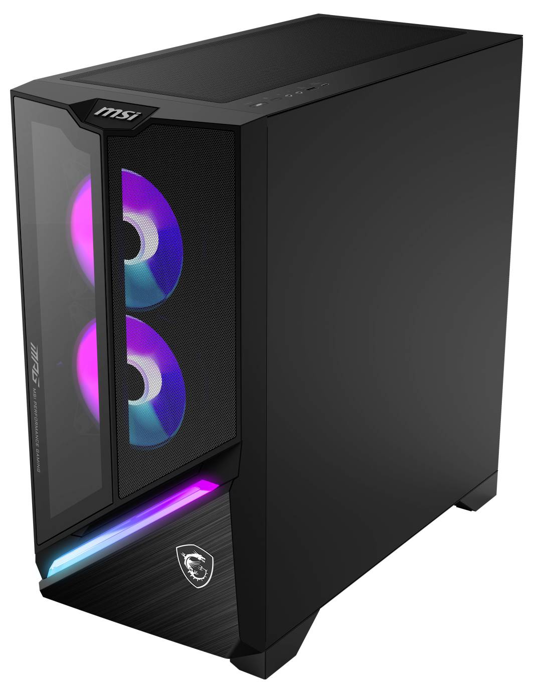 Ein schlanker schwarzer Computer-Tower mit Glasscheibe, die zwei interne RGB-beleuchtete Lüfter präsentiert, mit dem 'MSI' Logo auf Oberseite und Vorderseite.