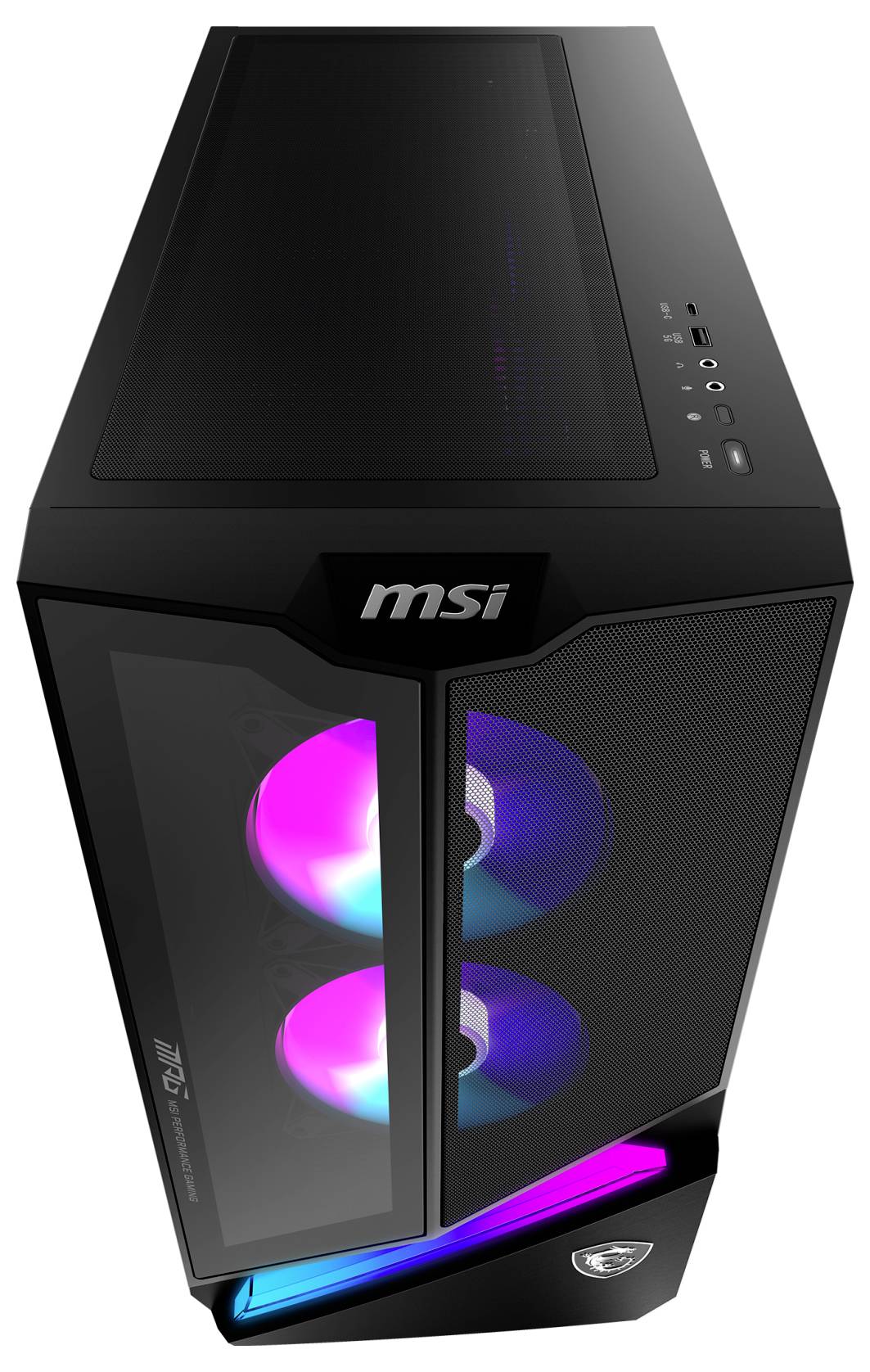 Ein schwarzer MSI Gaming-Computertower mit RGB-Beleuchtung, bei dem zwei beleuchtete Lüfter durch ein transparentes Seitenfenster sichtbar sind.