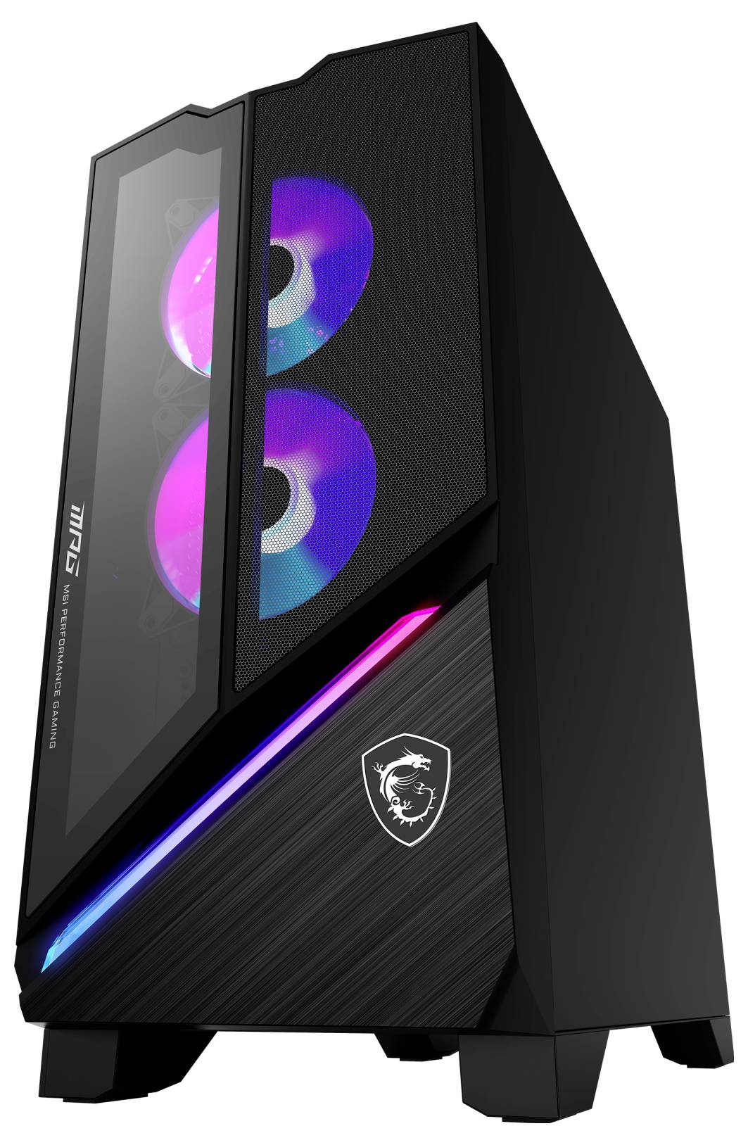 Ein schwarzer MSI-Gaming-Computerturm mit seitlichem Glasgehäuse, auf dem zwei RGB-belechtete Kühlventilatoren und ein beleuchtetes Logo an der Frontseite zu sehen sind.