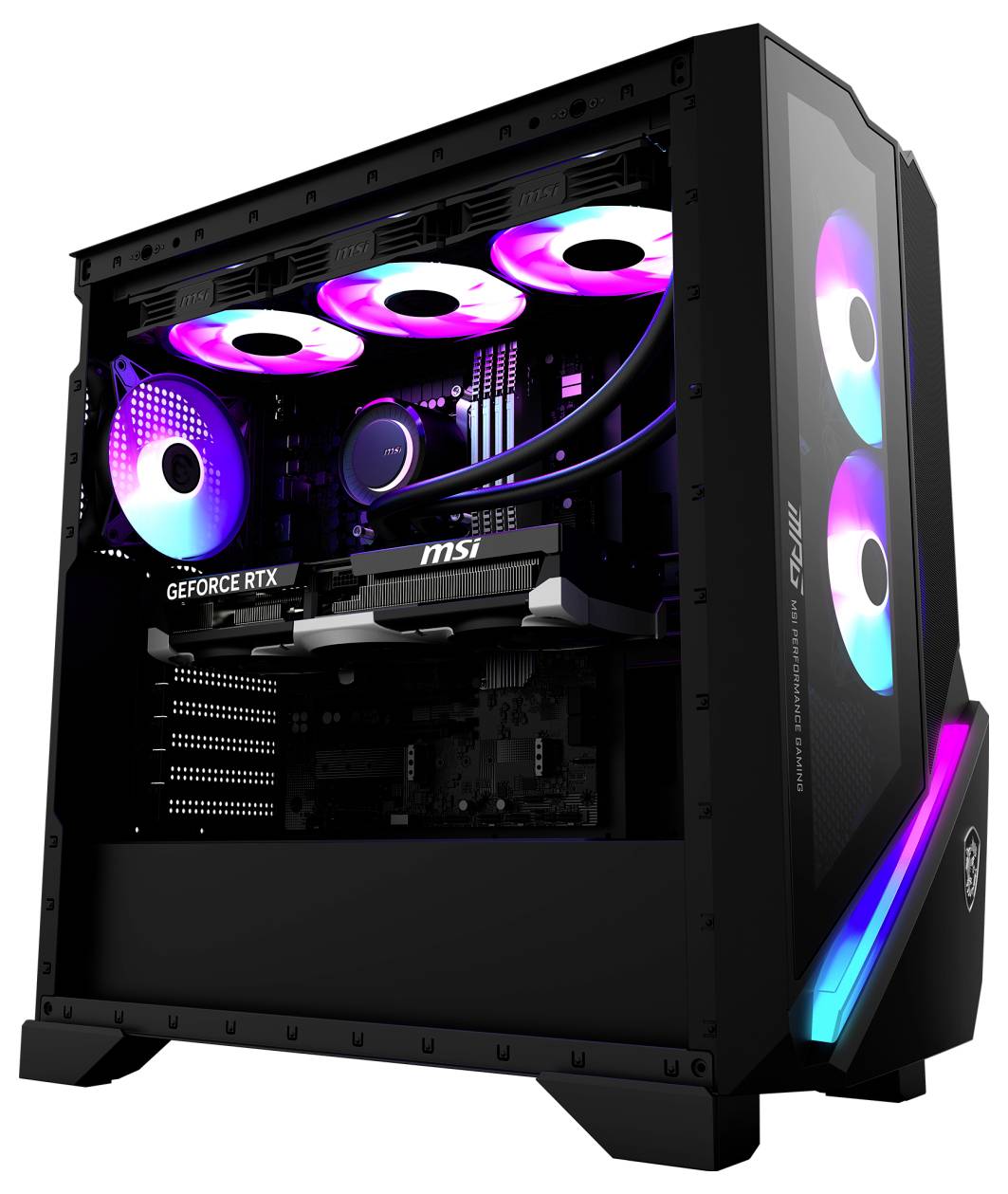 Ein Gaming-PC mit RGB-Beleuchtung, ausgestattet mit einer GeForce RTX-Grafikkarte und MSI-Branding, präsentiert lebendige, mehrfarbige Lüfter und Akzente.