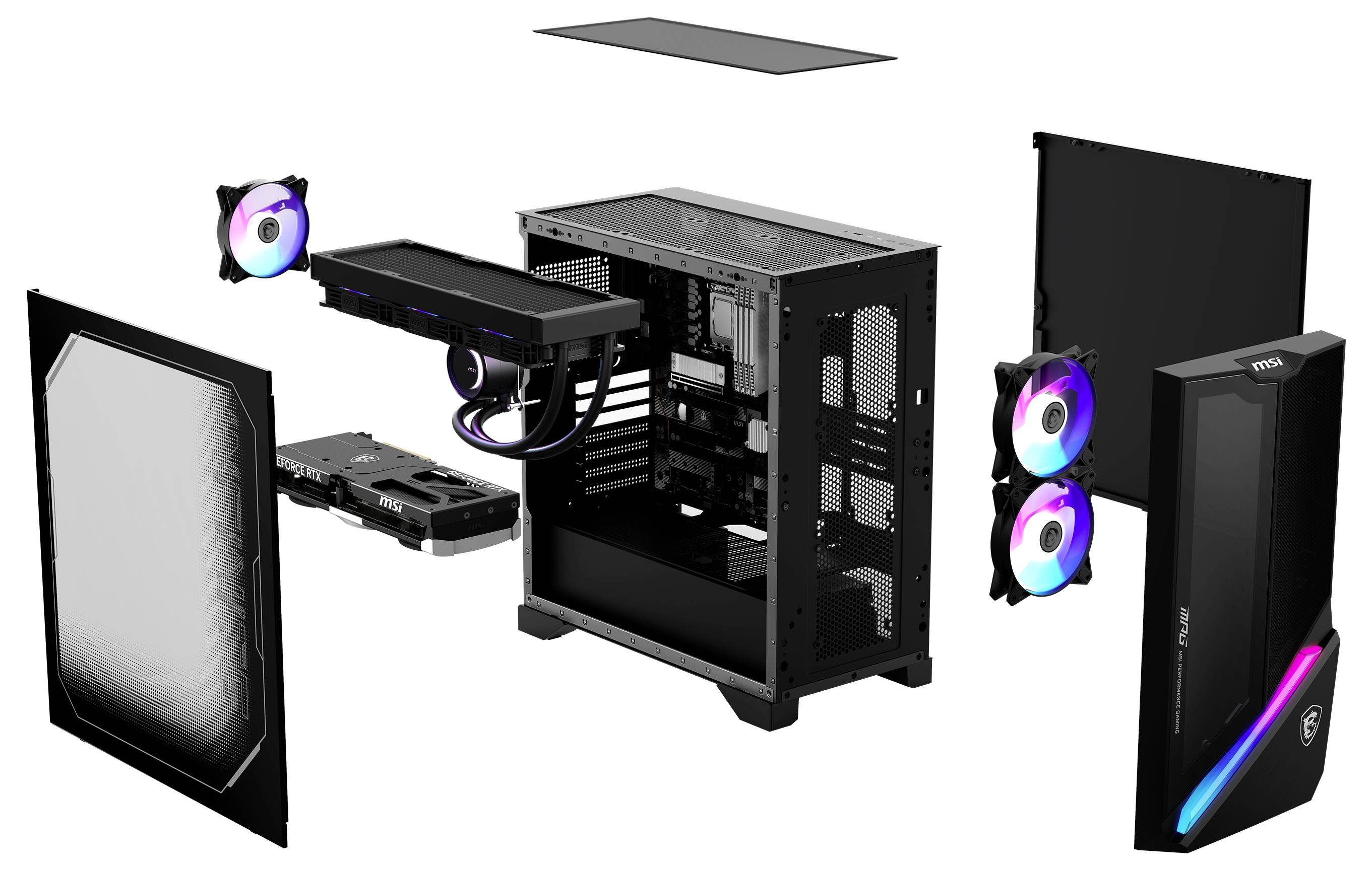 Explosionszeichnung eines Computergehäuses mit Komponenten: Kühlventilatoren, Grafikkarte, Mainboard und Seitenteilen, die die Montageanordnung veranschaulichen.