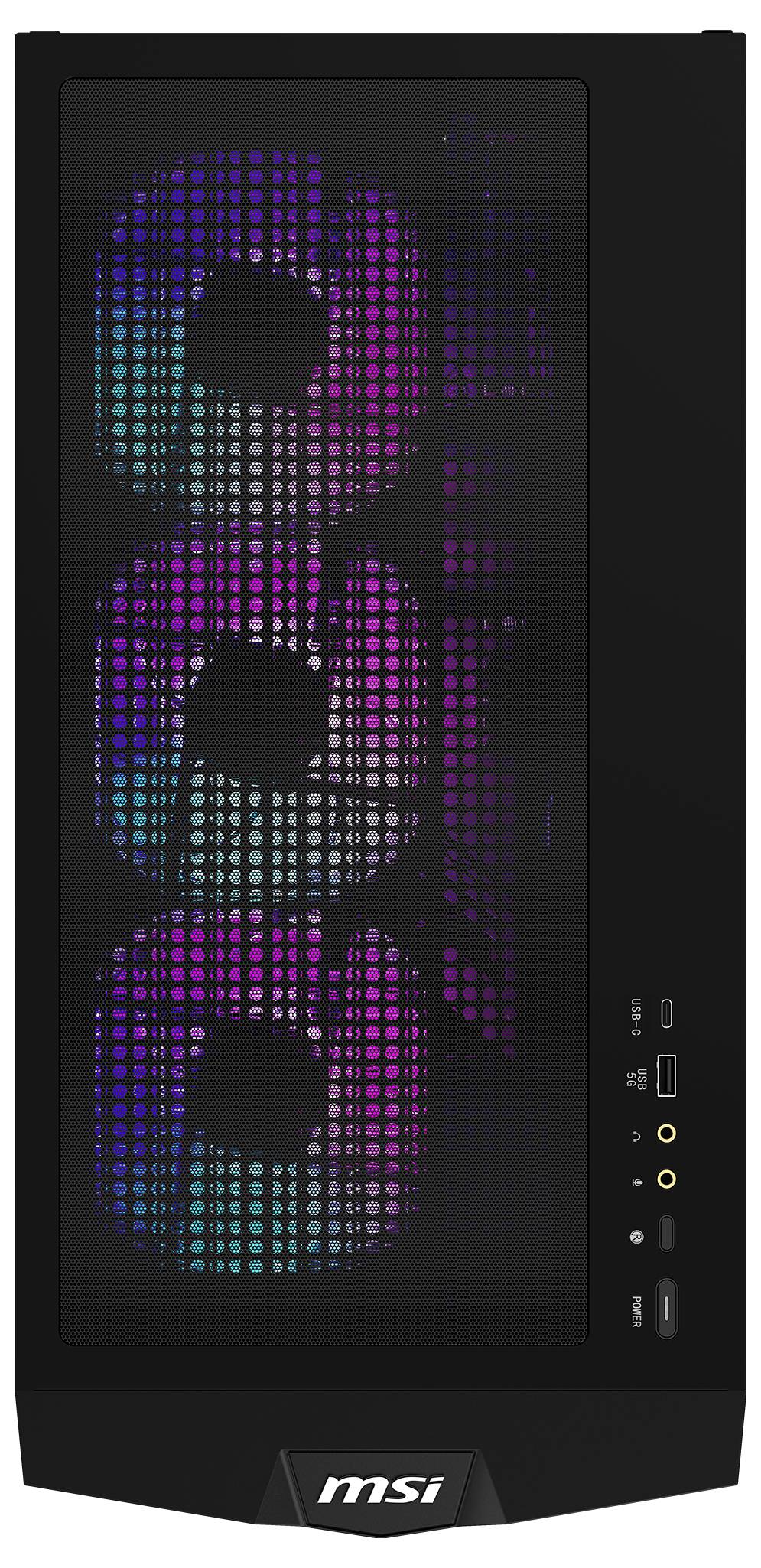 Ein schwarzes Computergehäuse mit einer gelochten Frontblende gibt den Blick auf bunte LED-Lüfter im Inneren frei. Vertikale Bedienelemente befinden sich an der rechten Seite.