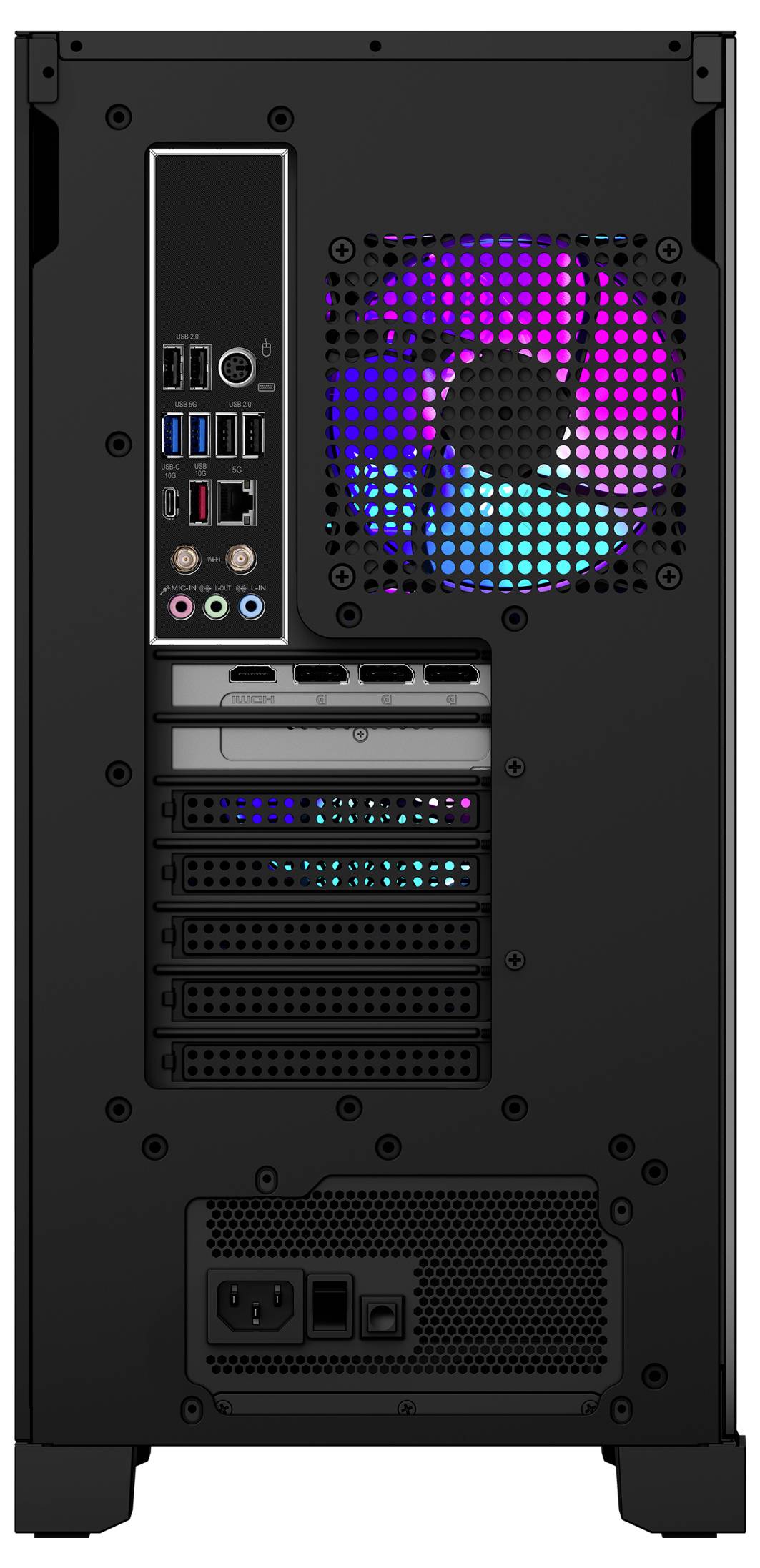 Rückansicht eines Computergehäuses mit verschiedenen Anschlüssen, einschließlich USB, Audioports und einem Ethernet-Anschluss. Ein Lüfter mit RGB-Beleuchtung ist sichtbar.