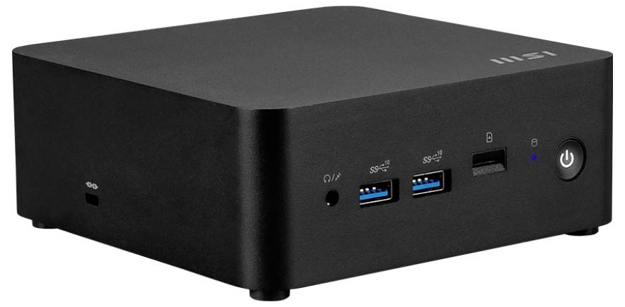 Ein schwarzer Mini-PC mit USB-Anschlüssen an der Vorderseite, Einschaltknopf und Logo auf der Oberseite.