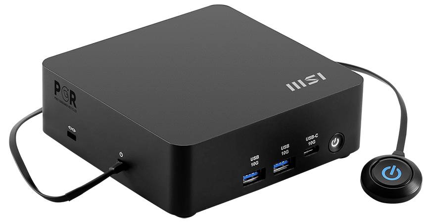 Eine schwarze rechteckige MSI-Dockingstation mit mehreren USB-Anschlüssen, einem runden Netzschalter und angeschlossenen Kabeln, die für die Computervernetzung entwickelt wurde.