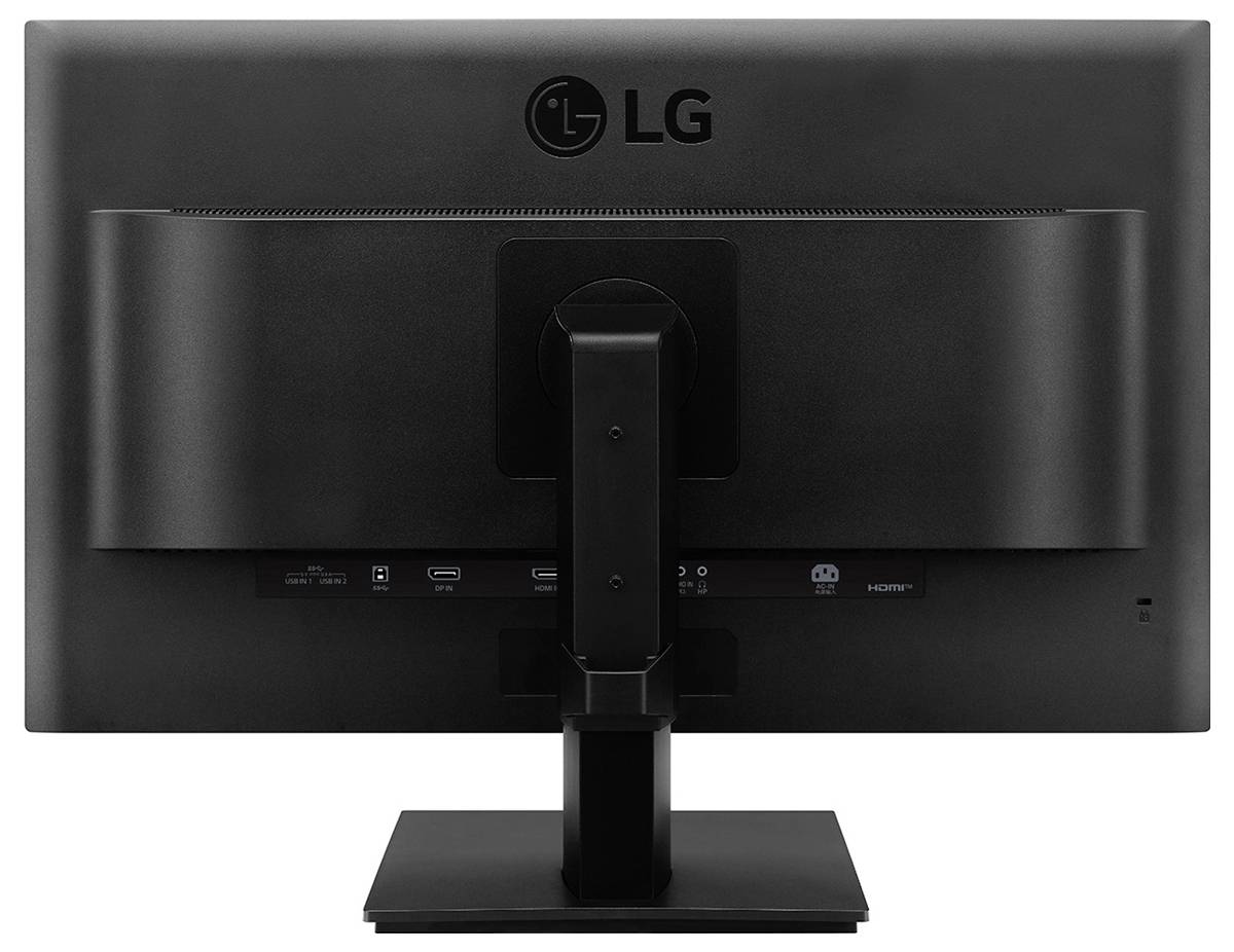 Das Bild zeigt die Rückansicht eines LG-Computermonitors auf einem Ständer, der Anschlüsse und einen Ein-/Ausschalter zeigt.
