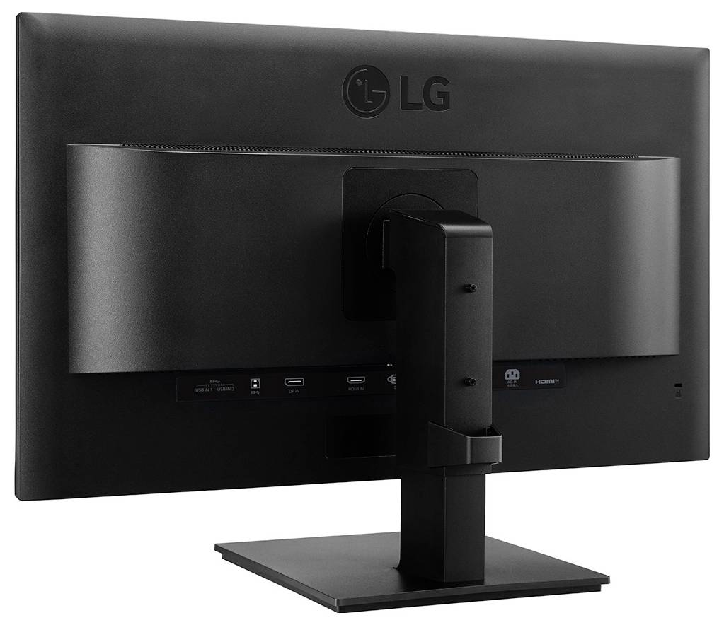 Die Rückansicht eines schwarzen LG-Computermonitors zeigt seinen Standfuß und die verfügbaren Anschlüsse einschließlich HDMI-, DisplayPort- und USB-Verbindungen.