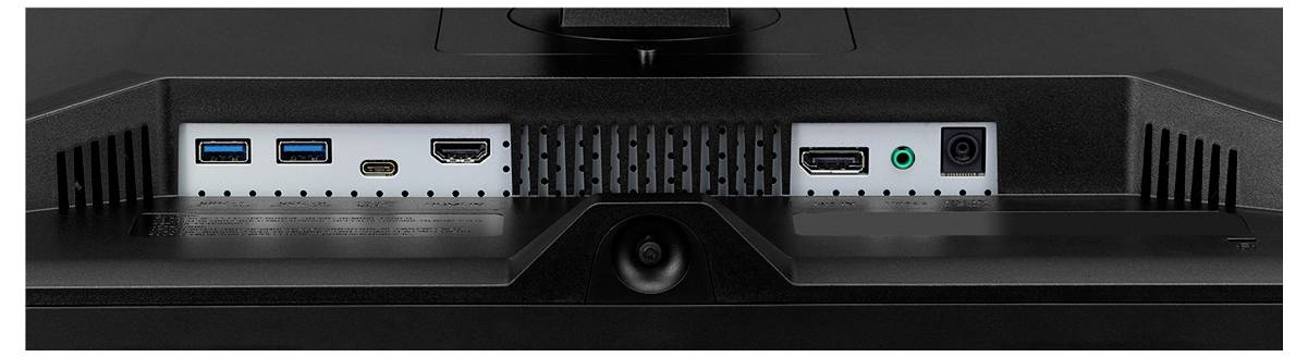 Rückansicht eines Monitors mit Anschlüssen: zwei USB-Ports, ein HDMI-Anschluss, ein DisplayPort, ein Audioeingang und ein Stromanschluss, alle in einem schwarzen Rahmen.
