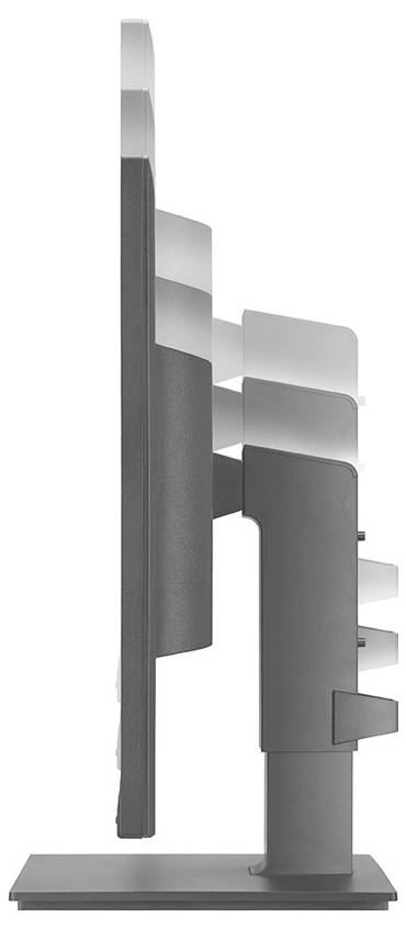Eine Seitenansicht eines modernen, dünnen Computermonitors mit verstellbarem Ständer, die sein schlankes Design und seine minimalistische Ästhetik zeigt.