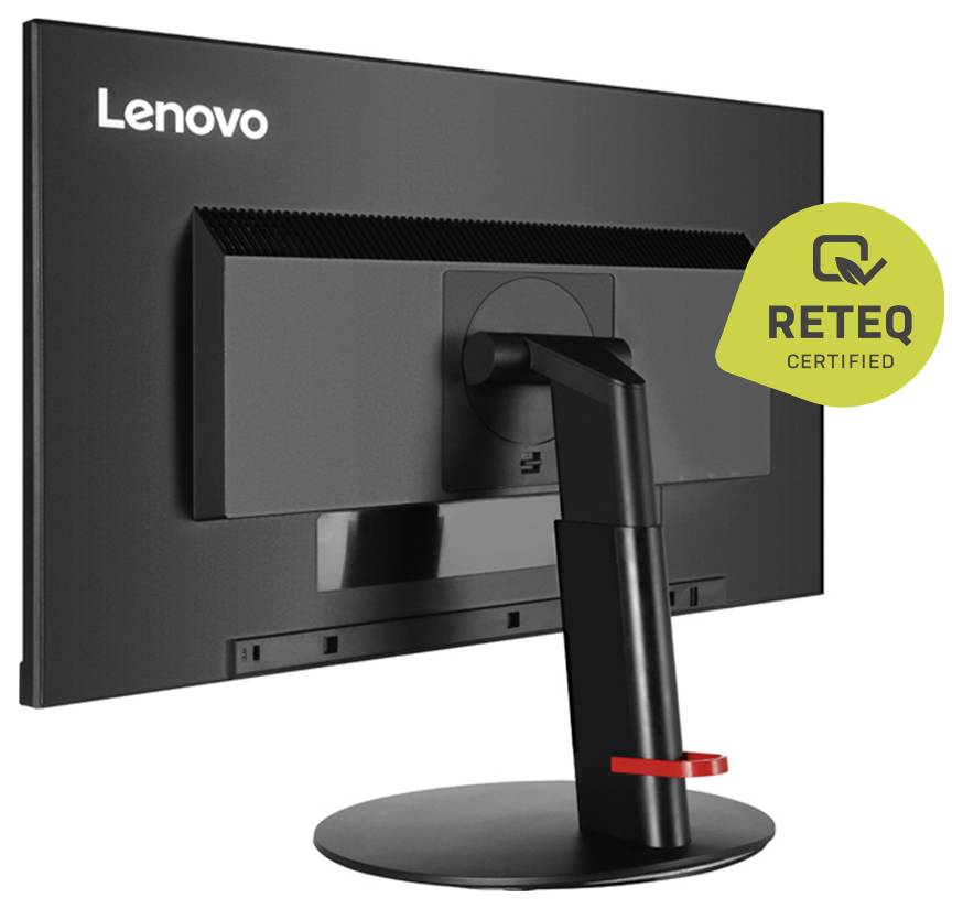 Ein 'Lenovo'-Monitor mit schwarzem Ständer, von hinten betrachtet. Ein grünes 'RETEQ Certified'-Abzeichen wird auf der rechten Seite des Bildes angezeigt.