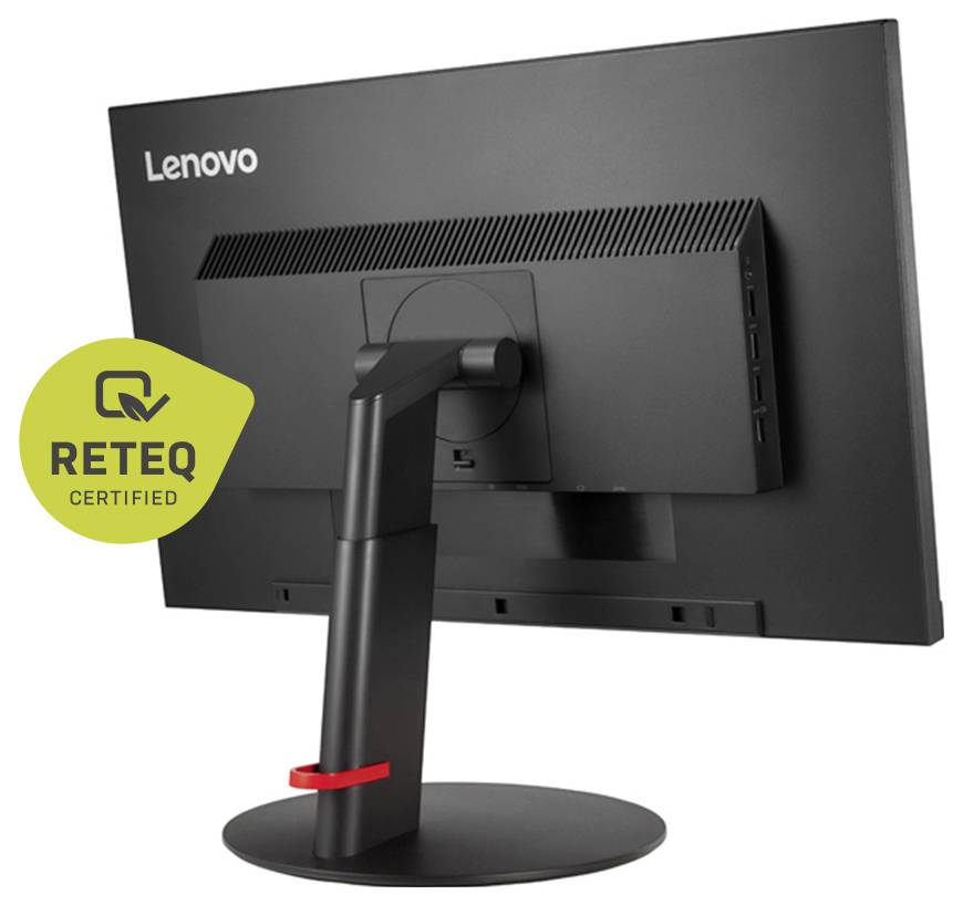 Das Bild zeigt die Rückseite eines Lenovo-Monitors mit einem Ständer. Ein 'RETEQ Certified' Abzeichen ist sichtbar, was darauf hindeutet, dass er bestimmte Qualitätsstandards erfüllt.