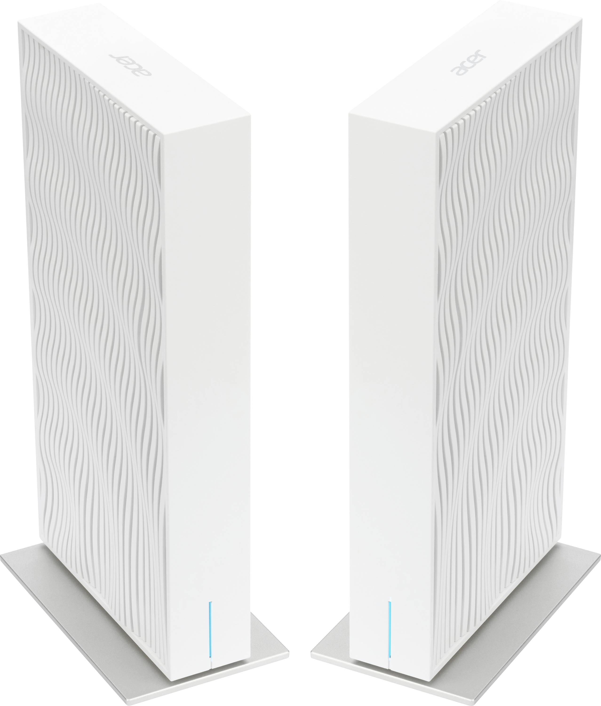 Zwei schlanke weiße Turmgeräte mit Wellenmuster und blauen LED-Leuchten, die auf rechteckigen Sockeln stehen.