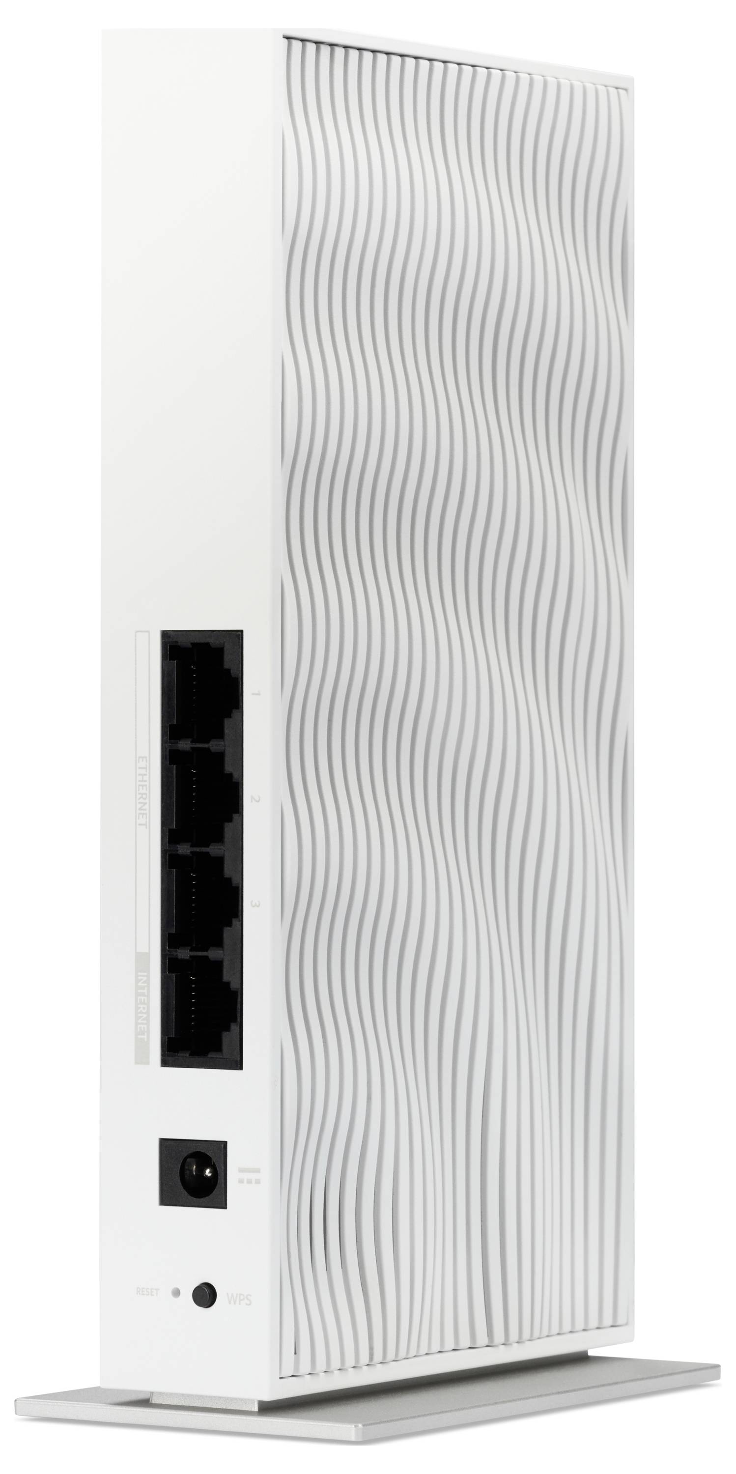 Ein weißes Modem oder Router mit einem gewellten Muster an der Seite, das mehrere Ethernet-Ports und einen Netzschalter auf der Rückseite aufweist.