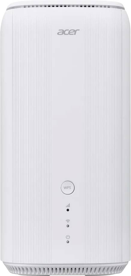 Ein weißer Acer-Router mit vertikalen Linien, ausgestattet mit einer WPS-Taste und Indikatorleuchten für Stromversorgung und Konnektivität.