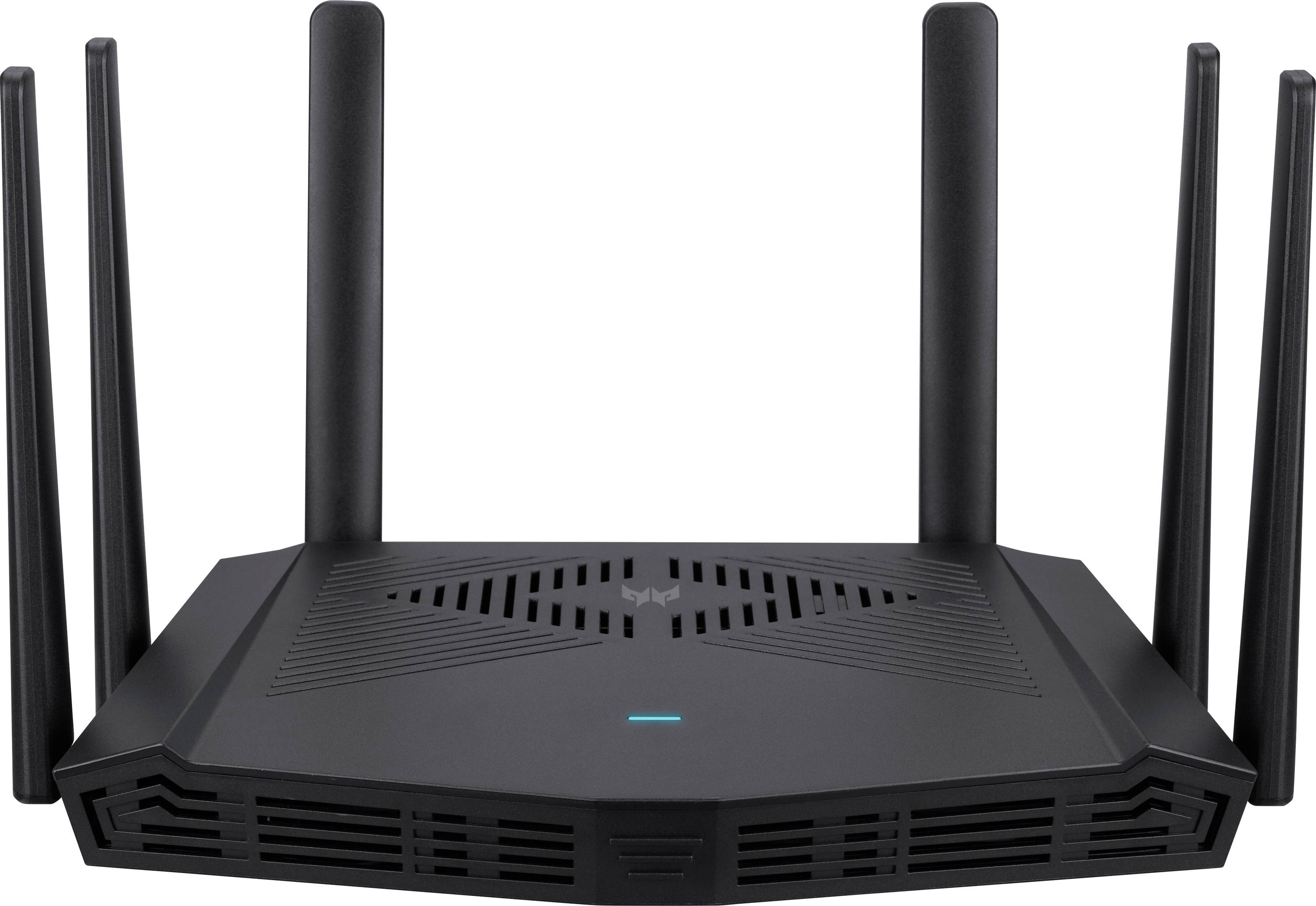 Ein schlanker, schwarzer WLAN-Router mit acht Antennen, entwickelt für verbesserte drahtlose Netzwerkleistung und Abdeckung.