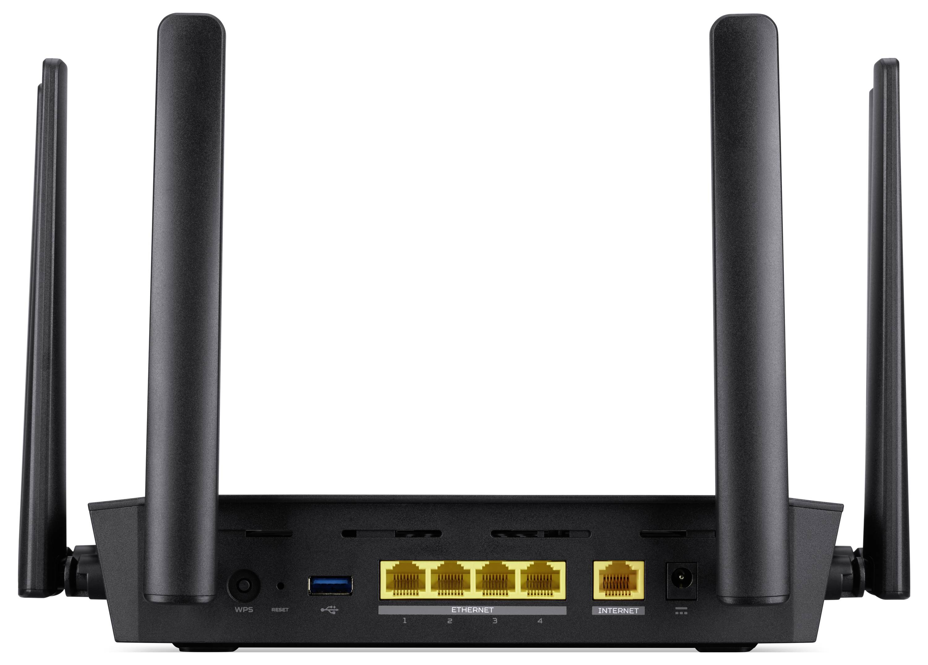 Ein schwarzer WLAN-Router mit vier Antennen, ausgestattet mit vier gelben Ethernet-Ports, einem USB-Anschluss und weiteren Konnektivitätsoptionen an der Rückseite.