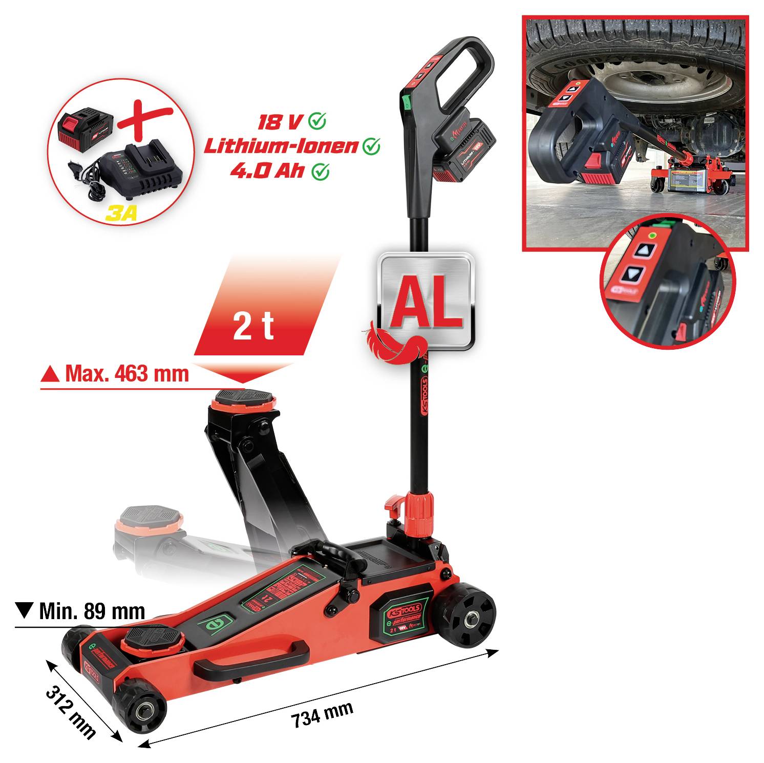 Roter und schwarzer hydraulischer Wagenheber, der bis zu 2 Tonnen trägt, mit elektronischer Steuerungstafel. Angetrieben von einer 18V-Lithium-Ionen-Batterie.