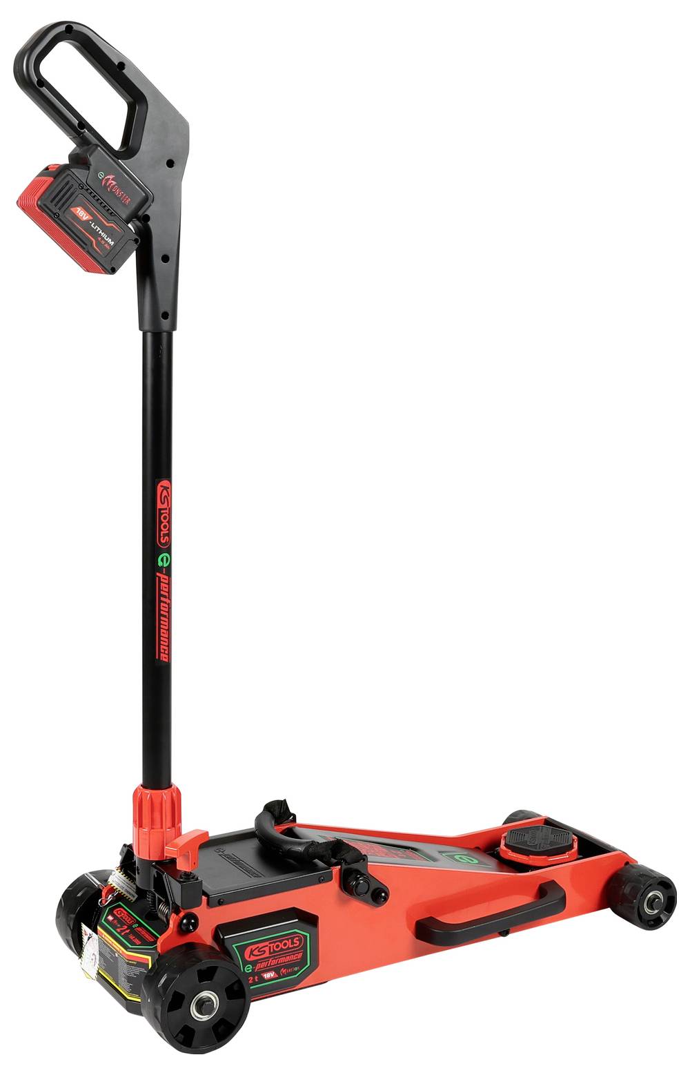 Ein roter und schwarzer elektrischer Bodenheber mit langem Griff und Rädern, ausgestattet mit einem Akkupack, zum Anheben von Fahrzeugen.