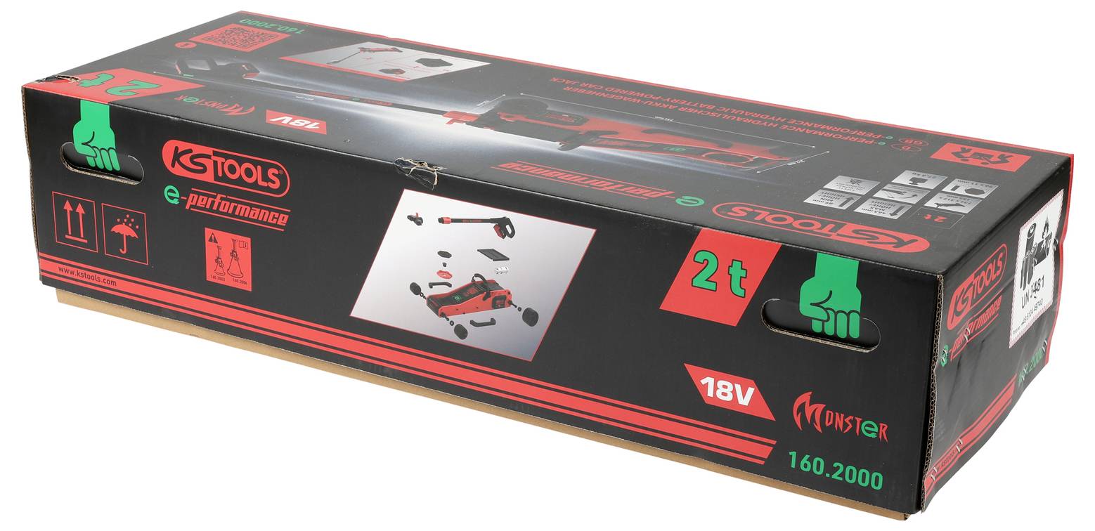 Eine lange rechteckige Verpackungsbox für einen 2-Tonnen, 18V Wagenheber von KS Tools, mit Abbildungen des Wagenhebers und Spezifikationen auf der Oberfläche.