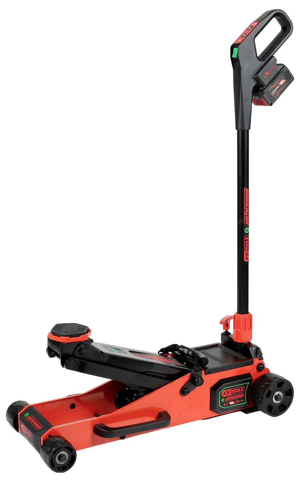 Ein roter Wagenheber mit einem langen Griff, entwickelt zum Anheben von Fahrzeugen. Der Wagenheber wird mit einer Batterie betrieben und verfügt über ein Bedienfeld am Griff.