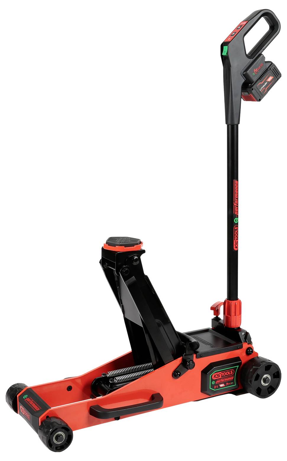 Roter und schwarzer hydraulischer Bodenheber mit einem langen Griff, der zum Anheben von Fahrzeugen verwendet wird. Er verfügt über ein kompaktes Design mit Rädern für bessere Mobilität.
