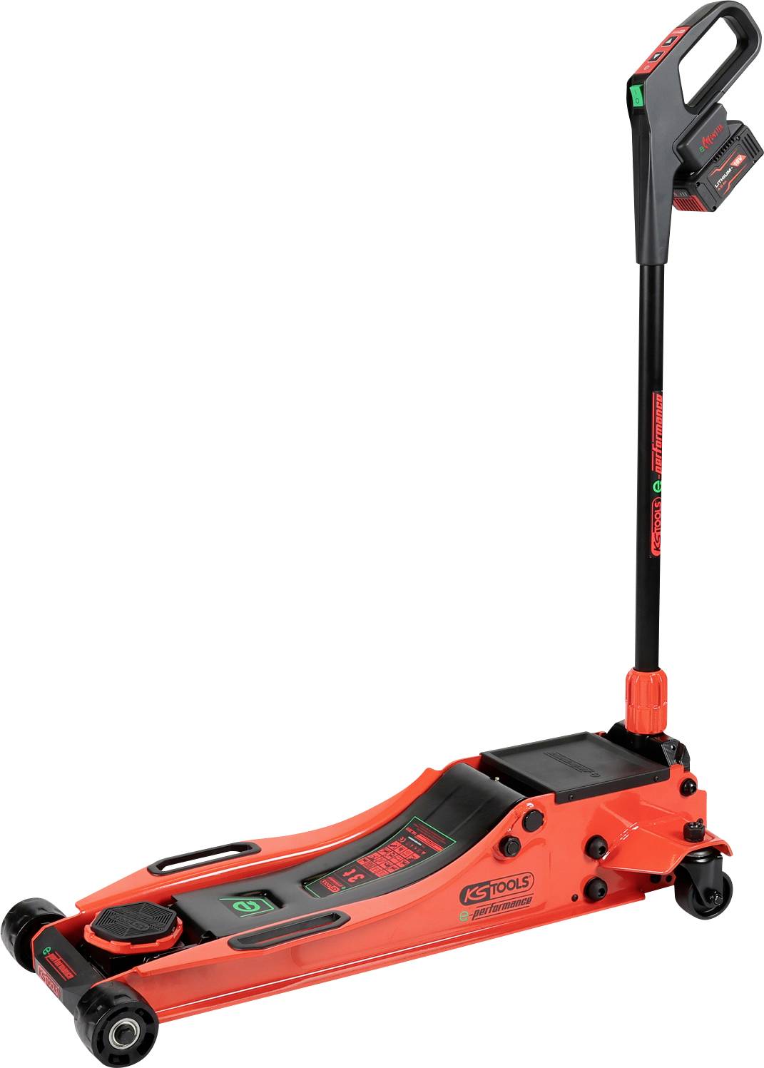 Ein roter hydraulischer Wagenheber mit einem langen Griff und schwarzen Akzenten. Er ist zum Anheben von Fahrzeugen konzipiert und verfügt über Räder für bessere Mobilität.