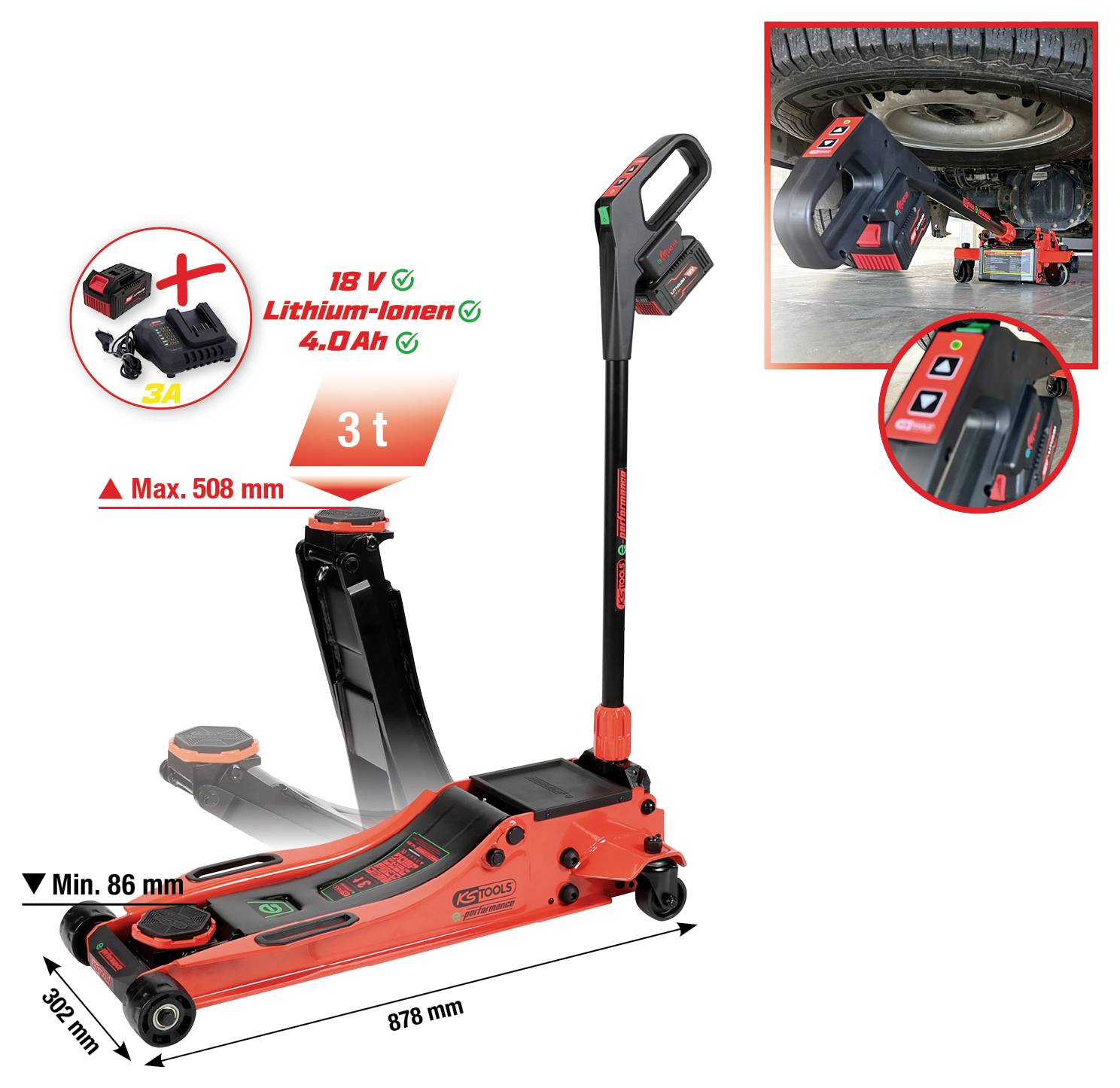 Ein roter hydraulischer Wagenheber mit 3-Tonnen-Kapazität; angetrieben von einer 18V-Lithium-Ionen-Batterie, gezeigt beim Anheben eines Autoreifen. Abmessungen sind 302mm-878mm.