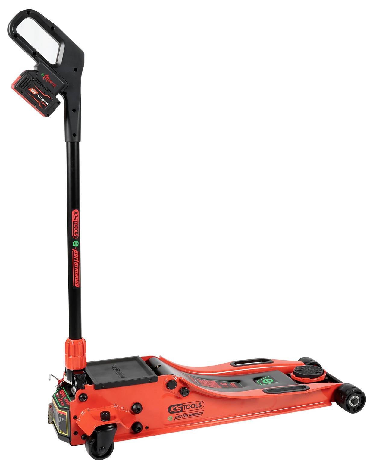 Ein roter und schwarzer hydraulischer Bodenwagenheber mit Rädern, ausgestattet mit einem langen Griff zum Anheben von Fahrzeugen, mit der Markenbezeichnung 'KS Tools'.