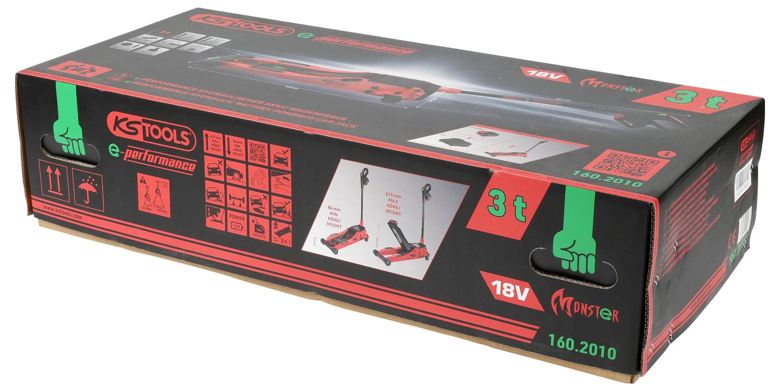 Karton eines 3-Tonnen-Elektro-Wagenheber mit der Markenbezeichnung 'KS Tools e-performance'. Merkmale umfassen '18V', leichtgängiges Hublager-Design und rote Farbgebung.