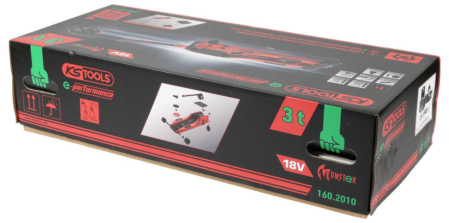 Eine schwarze und rote Box, die einen KS Tools 18V elektrischen Hydraulikheber mit einer Tragfähigkeit von 3 Tonnen enthält, mit Produkt- und Markendetails.