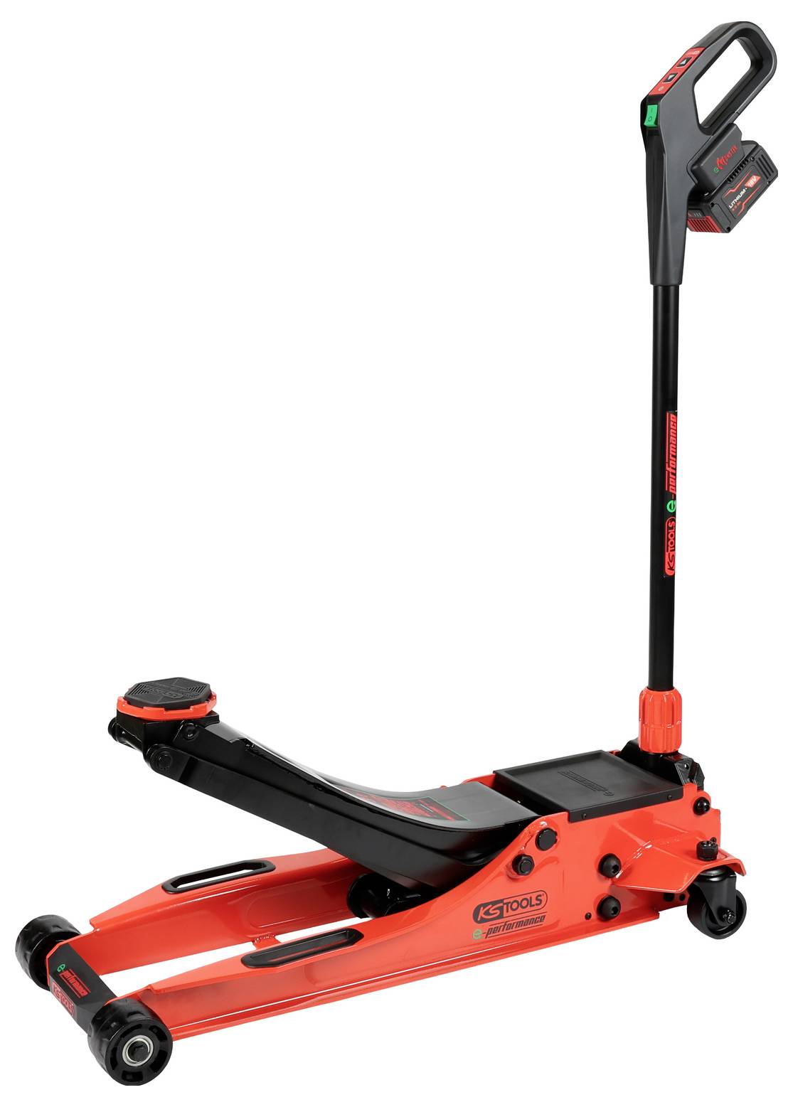 Roter hydraulischer Bodenheber mit einem langen Griff, ausgestattet mit einem schwarzen Hubarm und Rädern. Seitlich mit 'KS Tools' beschriftet.