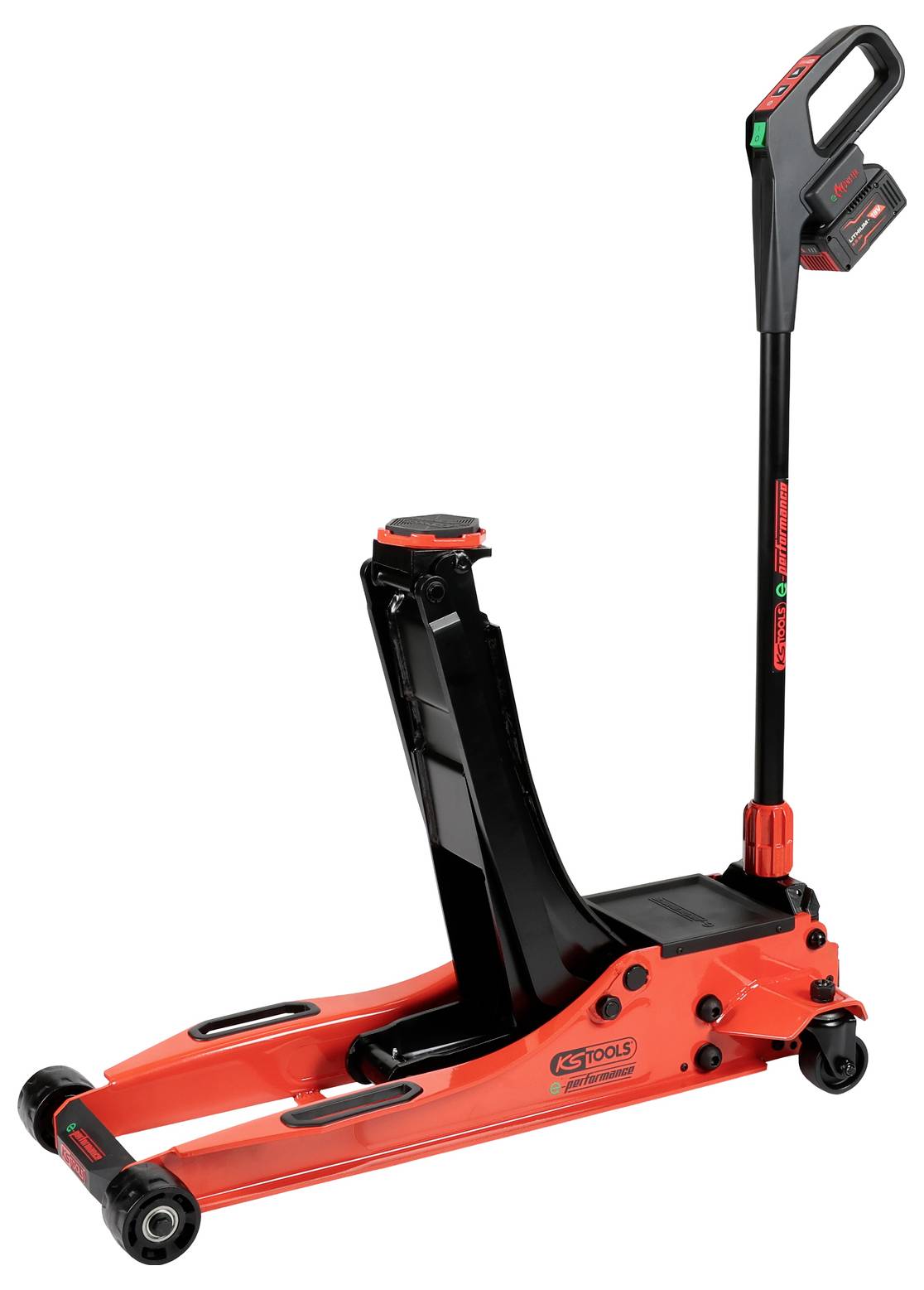 Ein roter und schwarzer hydraulischer Bodenheber mit langem Griff, entwickelt zum Anheben von Fahrzeugen, der sein robustes und schlankes Design zur Schau stellt.